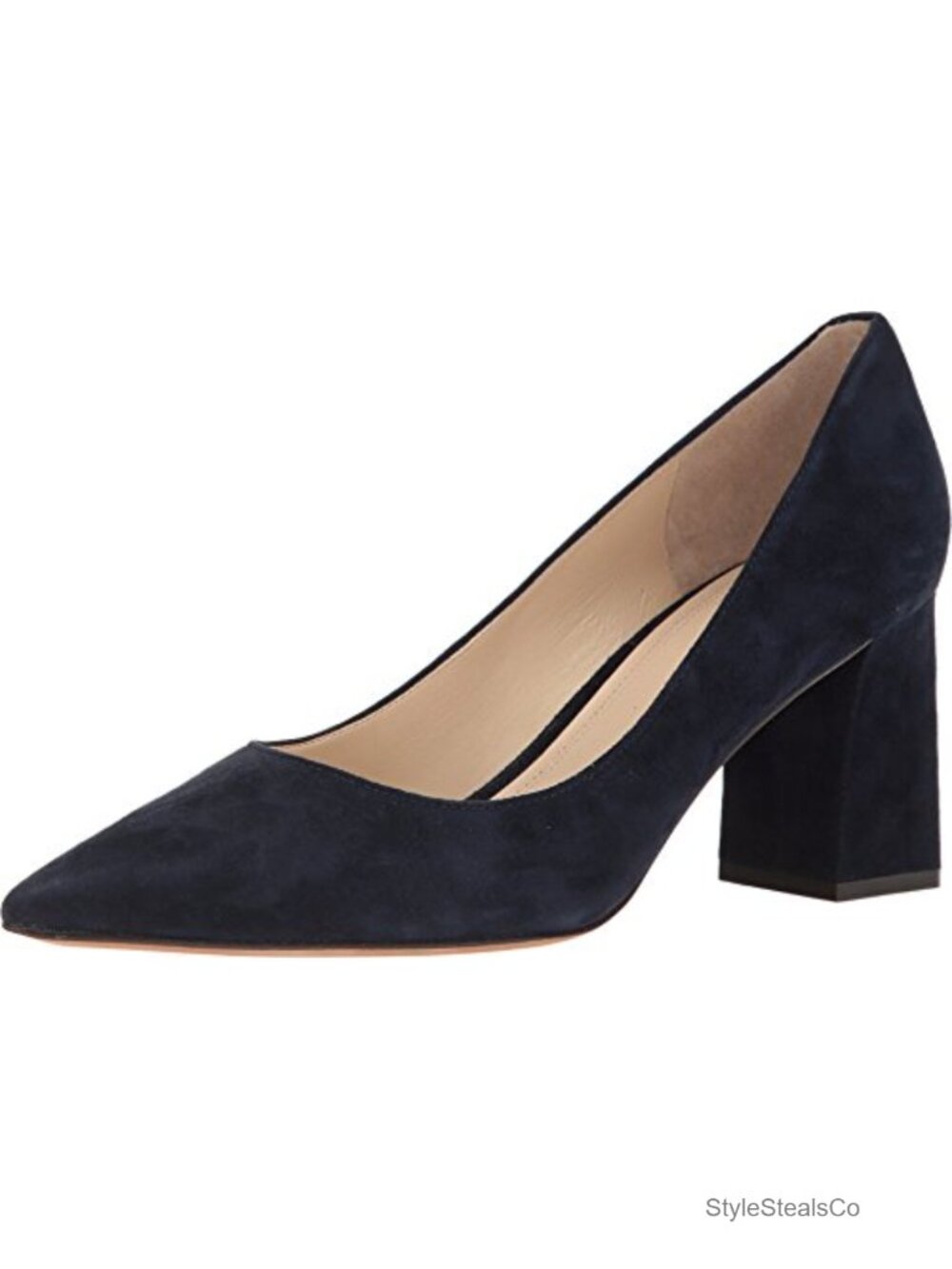 Suede Pointed Toe Block Heel Pump with Ankle Strap